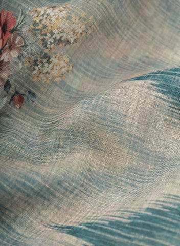 (Pre Cut-1 Meter) Linen Iceberg Blue Color Floral Pattern Hybrid Print Fabric.