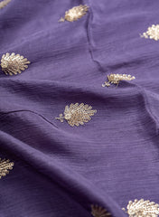 Pure Chinnon Chiffon Purple Color Zari And Sequins Butta Pattern Embroidery Fabric.