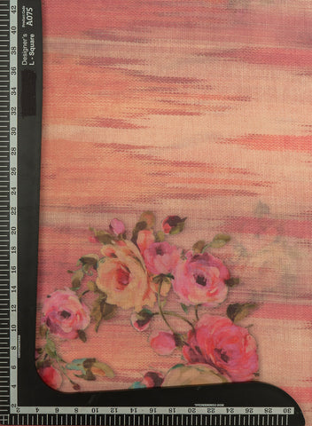 (Pre Cut-1 Meter) Art Linen Salmon Pink Color Floral Pattern Hybrid Print Fabric.