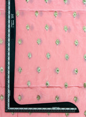 Pure Chinnon Chiffon Pink Color Zari And Sequins Butta Pattern Embroidery Fabric.