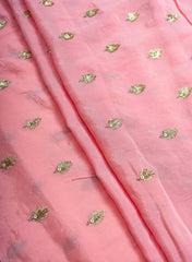 Pure Chinnon Chiffon Pink Color Zari And Sequins Butta Pattern Embroidery Fabric.