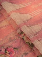 (Art Linen) Linen Salmon Pink Color Floral Pattern Hybrid Print Fabric.