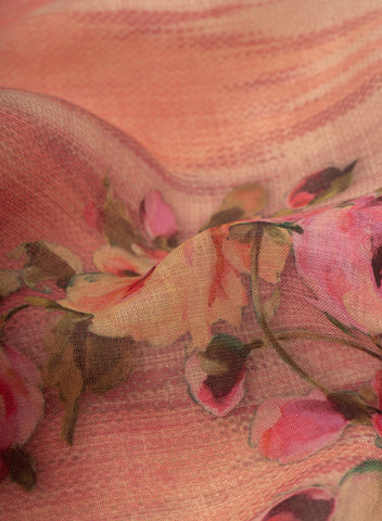 (Pre Cut-1 Meter) Art Linen Salmon Pink Color Floral Pattern Hybrid Print Fabric.