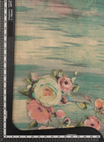 (Pre Cut-2.5 Meter)Linen Emerald Green Color Floral Pattern Hybrid Print Fabric.