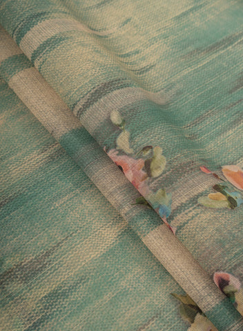 (Pre Cut-2.5 Meter)Linen Emerald Green Color Floral Pattern Hybrid Print Fabric.