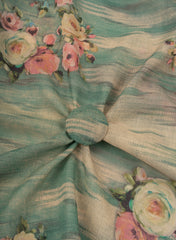 (Art Linen) Linen Emerald Green Color Floral Pattern Hybrid Print Fabric.