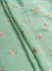 Pure Chinnon Chiffon Pista Green Color Zari And Sequins Butta Pattern Embroidery Fabric.