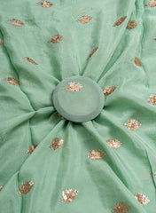 Pure Chinnon Chiffon Pista Green Color Zari And Sequins Butta Pattern Embroidery Fabric.