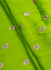 Pure Chinnon Chiffon Parrot Green Color Zari And Sequins Butta Pattern Embroidery Fabric.