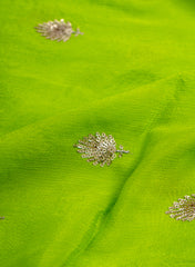 Pure Chinnon Chiffon Parrot Green Color Zari And Sequins Butta Pattern Embroidery Fabric.