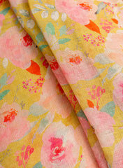 Pure Linen Light Green Color Floral Digital Print Fabric.