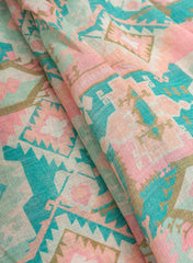 Pure Linen Light Pink Color Traditional Digital Print Fabric.