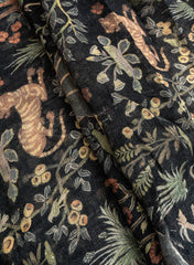 Pure Linen Black Color Floral And Animal Digital Print Fabric.