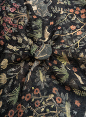 Pure Linen Black Color Floral And Animal Digital Print Fabric.