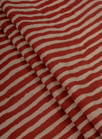 (Pre Cut -1.5 Meter) Pure Cotton Cambric Turkey Red Color Strips Pattern Dabu Hand Block Print Fabric.
