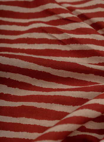 (Pre Cut -1.5 Meter) Pure Cotton Cambric Turkey Red Color Strips Pattern Dabu Hand Block Print Fabric.