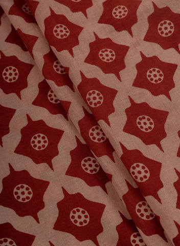 (Pre Cut -2.5 Meter) Pure Cotton Cambric Turkey Red Color Geometrical Pattern Dabu Hand Block Print Fabric.