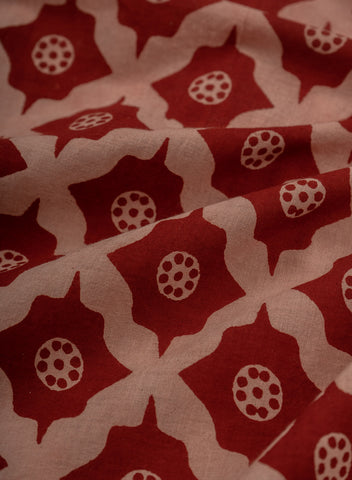 (Pre Cut -2.5 Meter) Pure Cotton Cambric Turkey Red Color Geometrical Pattern Dabu Hand Block Print Fabric.