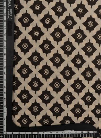 (Pre Cut- 2.5 Meter) Pure Cotton Cambric Black And Off White Color Geometrical Pattern Dabu Hand Block Print Fabric.