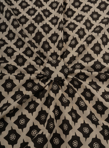 (Pre Cut- 2.5 Meter) Pure Cotton Cambric Black And Off White Color Geometrical Pattern Dabu Hand Block Print Fabric.