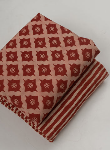 (Pre Cut -1.5 Meter) Pure Cotton Cambric Turkey Red Color Strips Pattern Dabu Hand Block Print Fabric.