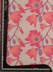 Linen Satin Off White Color Pink Floral Pattern Digital Print Fabric.