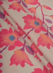 Linen Satin Off White Color Pink Floral Pattern Digital Print Fabric.