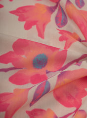 Linen Satin Off White Color Pink Floral Pattern Digital Print Fabric.