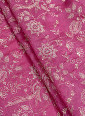 Mul Chanderi Wine Color Floral Pattern Embroidery Fabric.