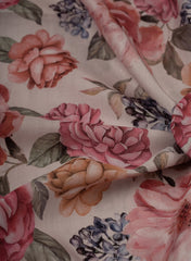 Linen Satin Off White Color Floral Pattern Digital Print Fabric.