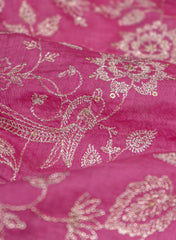 Mul Chanderi Wine Color Floral Pattern Embroidery Fabric.