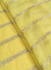 (Pre Cut-3 Meter) Mul Chanderi Bright Lemon Color Traditional Pattern Embroidery Fabric.
