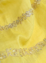 (Pre Cut-3 Meter) Mul Chanderi Bright Lemon Color Traditional Pattern Embroidery Fabric.