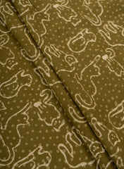 Pure Cotton Cambric Olive Green Color Animal Pattern Dabu Hand Block Print Fabric.