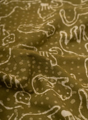 Pure Cotton Cambric Olive Green Color Animal Pattern Dabu Hand Block Print Fabric.