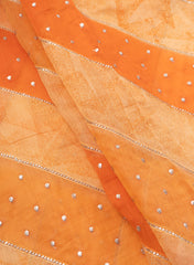 Mul Chanderi Orange Color Brush Print Stripe Pattern Embroidery Fabric.