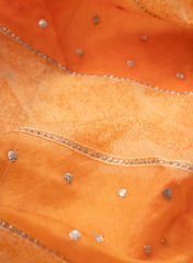 Mul Chanderi Orange Color Brush Print Stripe Pattern Embroidery Fabric.