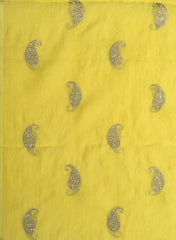 Mul Chanderi Bright Lemon Color Paisley Pattern Embroidery Fabric.