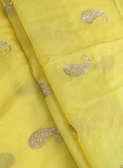 Mul Chanderi Bright Lemon Color Paisley Pattern Embroidery Fabric.