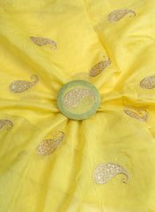 Mul Chanderi Bright Lemon Color Paisley Pattern Embroidery Fabric.