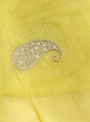 Mul Chanderi Bright Lemon Color Paisley Pattern Embroidery Fabric.