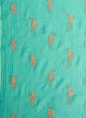 Mul Chanderi Sky Blue Color Paisley Pattern Embroidery Fabric.