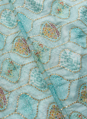 Pure Muslin Sky Blue Color With Sequins Embroidery Fabric
