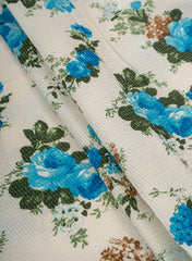 Pure Cotton Cambric Off-White Color Blue Floral Pattern Katha Work Fabric.