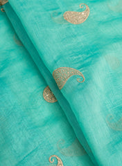 Mul Chanderi Sky Blue Color Paisley Pattern Embroidery Fabric.