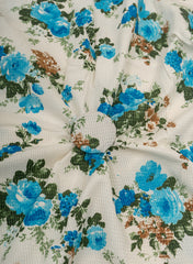 Pure Cotton Cambric Off-White Color Blue Floral Pattern Katha Work Fabric.