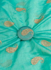 Mul Chanderi Sky Blue Color Paisley Pattern Embroidery Fabric.