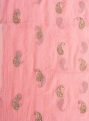 Mul Chanderi Bright Pink Color Paisley Pattern Embroidery Fabric.