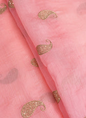 Mul Chanderi Bright Pink Color Paisley Pattern Embroidery Fabric.