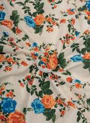 Pure Cotton Cambric Off-White Color Orange Floral Pattern Katha Work Fabric.